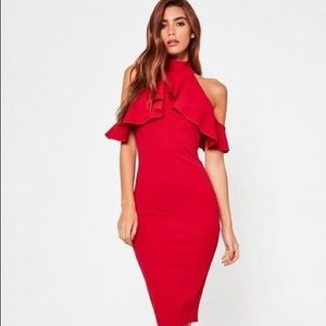 high neck frill cold shoulder midi dress